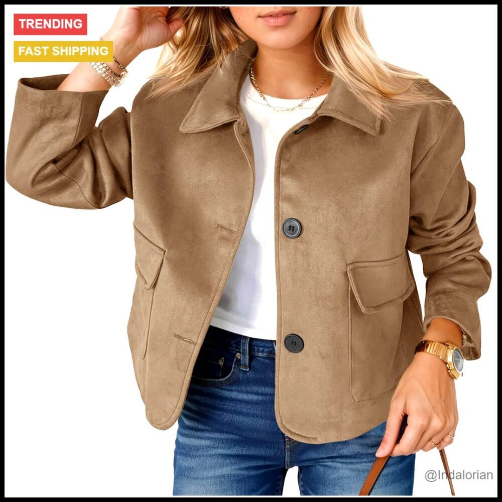 Faux Suede Cropped Jacket Vintage Button Down Shacket Casual Chic Retro